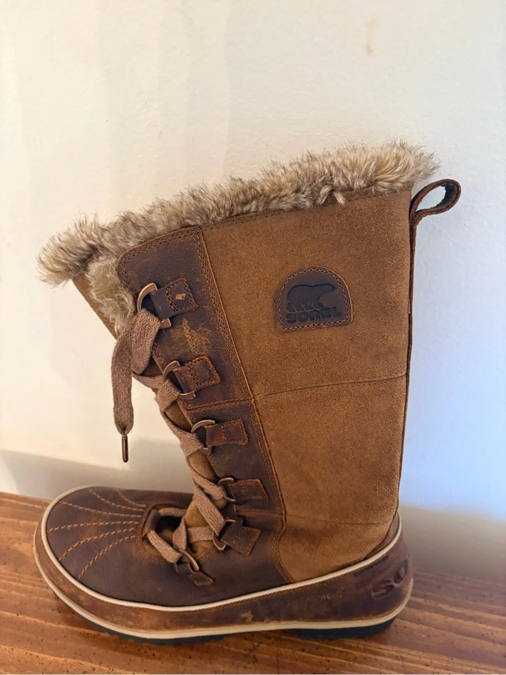 Sorel Women's Tan/Brown Fur-Trim Lace-Up Winter Boots Warm Leather Outdoors